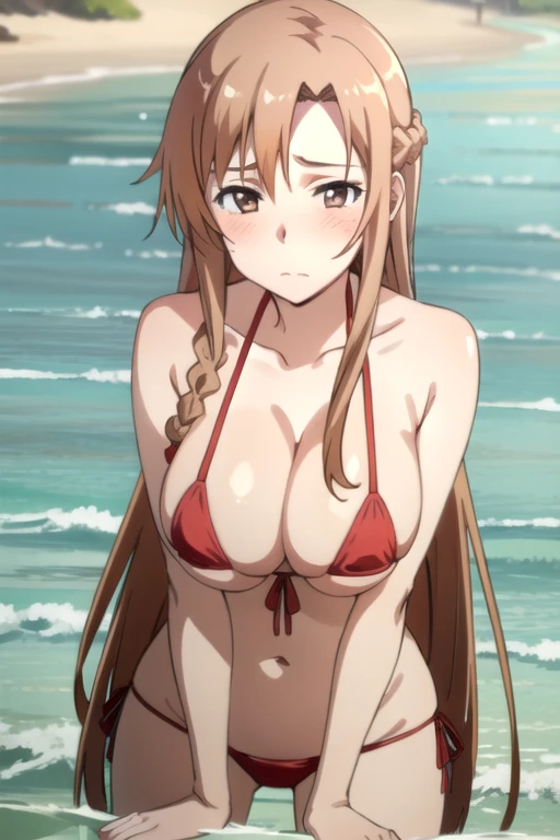 expensive body, expensive, Long legs, mature female, mature, Adult, 
 Eft_star_Asuna, Asuna (star), One girl, Long Hair, alone, Brown Hair, Brown eyes, Braiding, Large Breasts,Micro Bikini,Summer sea,Embarrassed expression,Blushing