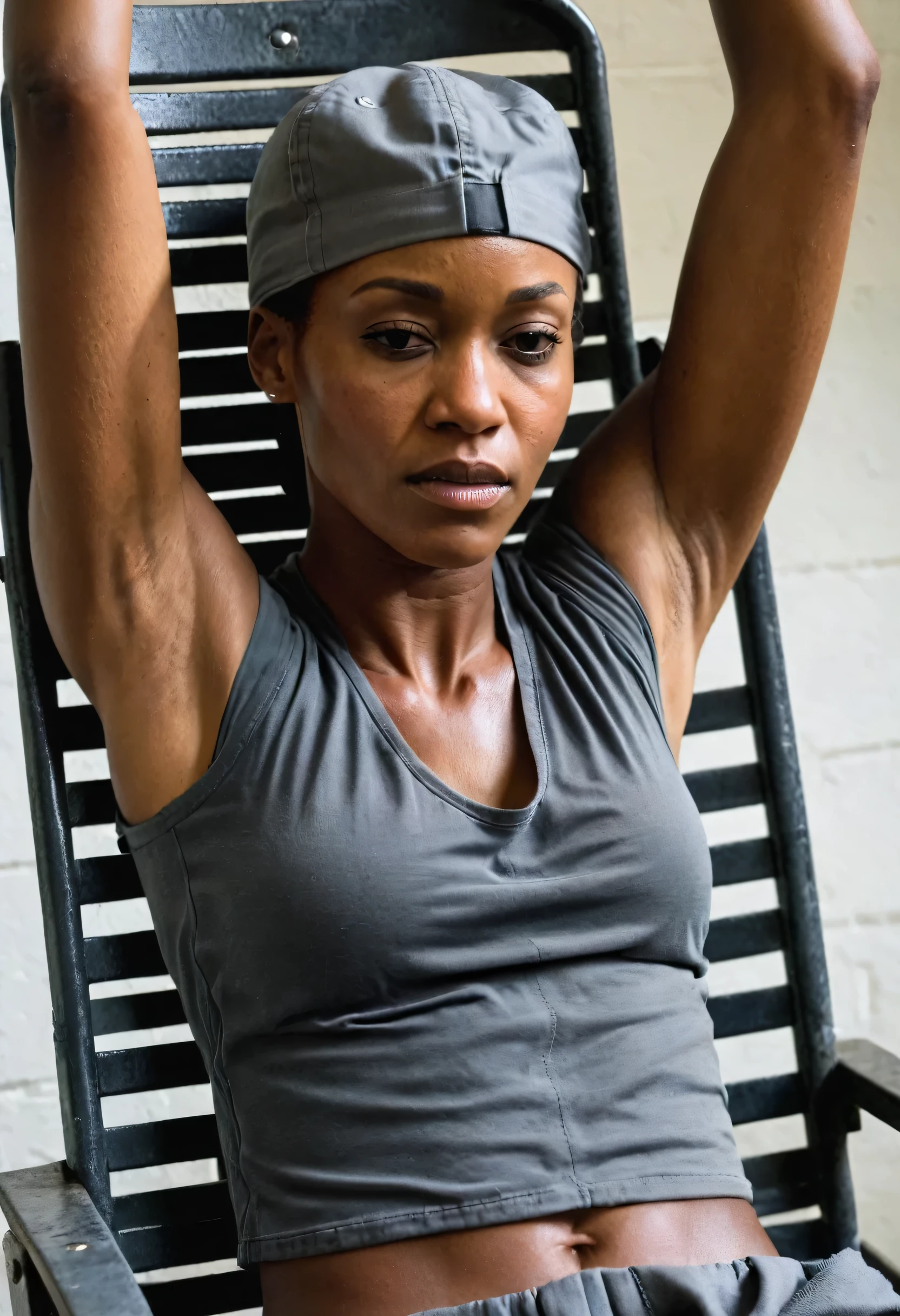 Closeup view of an outdoor skinny but athletic black female prisoner wearing a dark gray (CAP SLEEVE) shirt with poorly and unevenly cut sleeves. Her armpits are sweating badly. She is tied down to the restraint chair in prison, with her arms tied very high to the ceiling. She is in a situation where she is strapped down to a prison chair with her arms raised by a rope. She is also wearing very loose, flappy, dark gray prison shorts.
