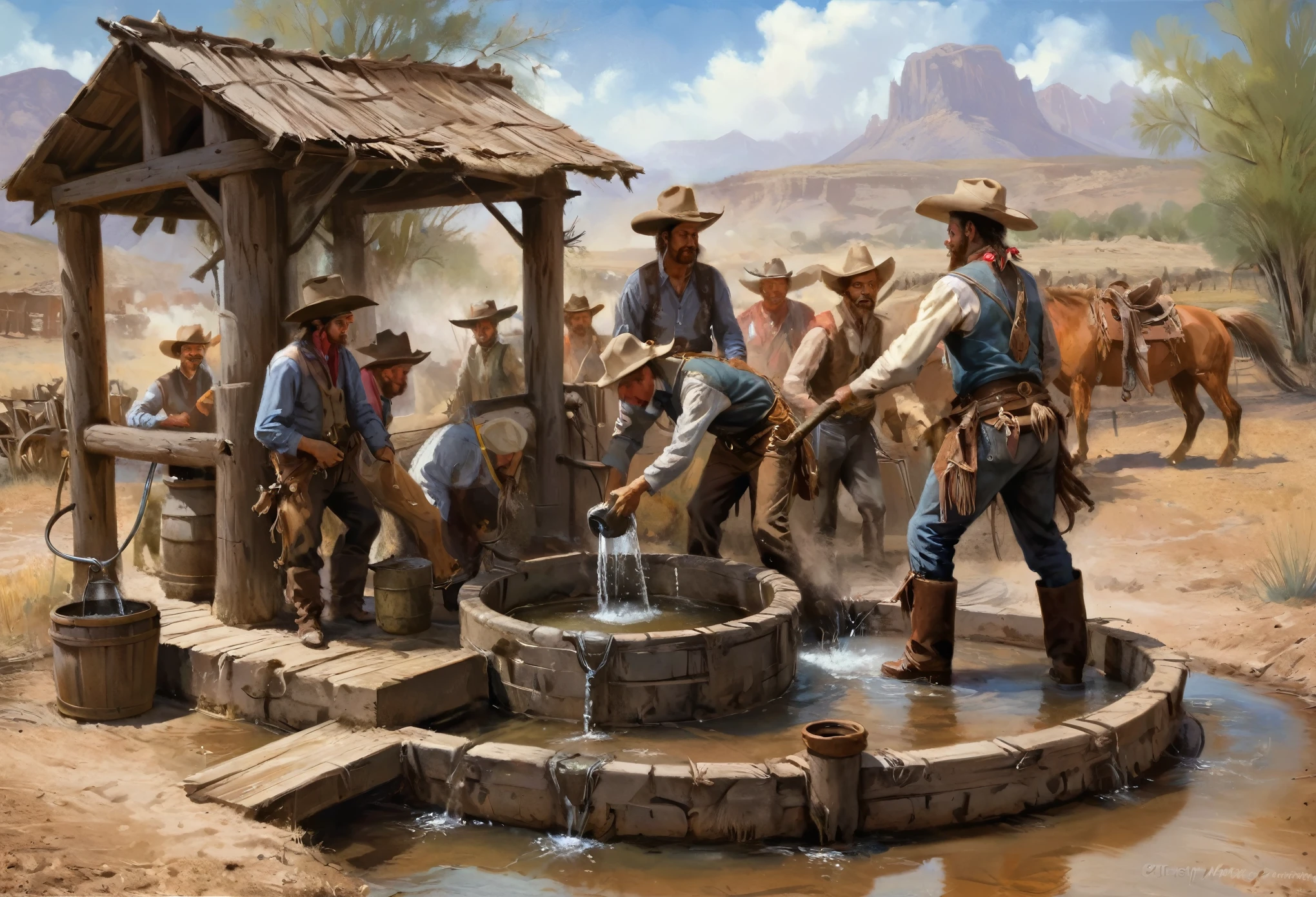 Country life, Western Frontier period, Cowboys pumping water from a well, (masterpiece), (Best quality), (Ultra High Detail)