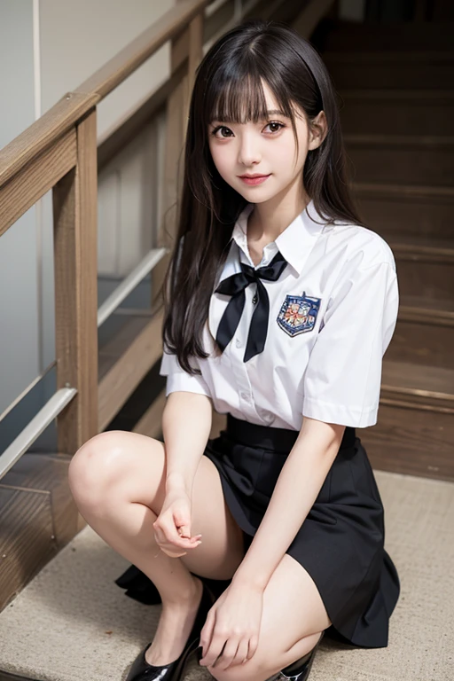 ((Detailed images of the skirt))、 ((Detailed images of the skirt))、highest quality, masterpiece, Ultra-high resolution, (Realistic:1.4), RAW Photos, Full Body Shot, Front view, From below, One Girl, The most famous Japanese idols, Crouching on the stairs, Wearing Japanese high heels , (Very cute face like the most popular Japanese idol, (Very beautiful big eyes)), Very beautiful hair, Very beautiful skin, Very beautiful long eyelashes, Very beautiful lips, Very beautiful short body, Very beautiful thighs, An innocent smile, View your audience, Dynamic pose, Detailed play area, Detailed matching of Japanese high school uniforms, ((Detailed images of the skirt))
