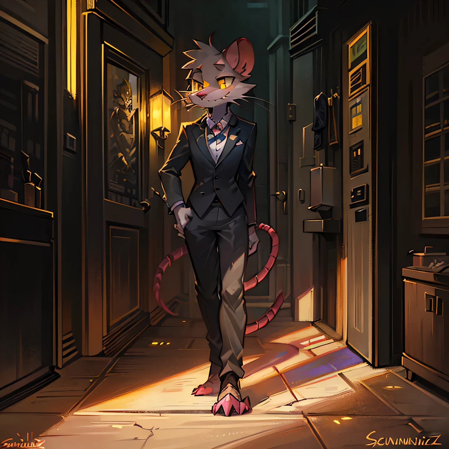 solo, male, grey rat, pink nose, long grey mullet, crooked whiskers, yellow sclere, yellow pupils, short, , (((rat, by schmutzo))), grey rough fur, full body shot, animated furry, cartoon, illustrated, anthropomorphic, dress shirt, dress pants, suspenders, black tie, dress shoes