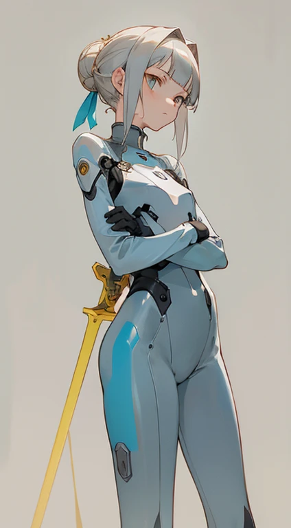 (masterpiece, best quality) detailed, 1Character , blue archive art style ,  pastel washed out colors , cell shade , soft, muted shades ,gentle colors ,

Wearing a mix of futuristic body suit and sword art online outfit. 

Beautiful woman , hair in a bun ,pale skin , gold eyes , blunt bangs  , slender build , silver hair , slender eyes ,older woman, mature woman , age 60, standing confidence, arms crossed, determined expression