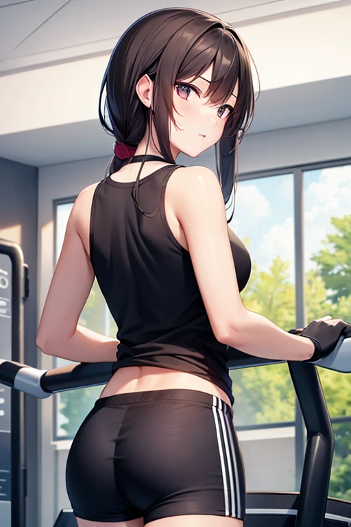 a girl in the gym with long brown hair showing her butt (from back)