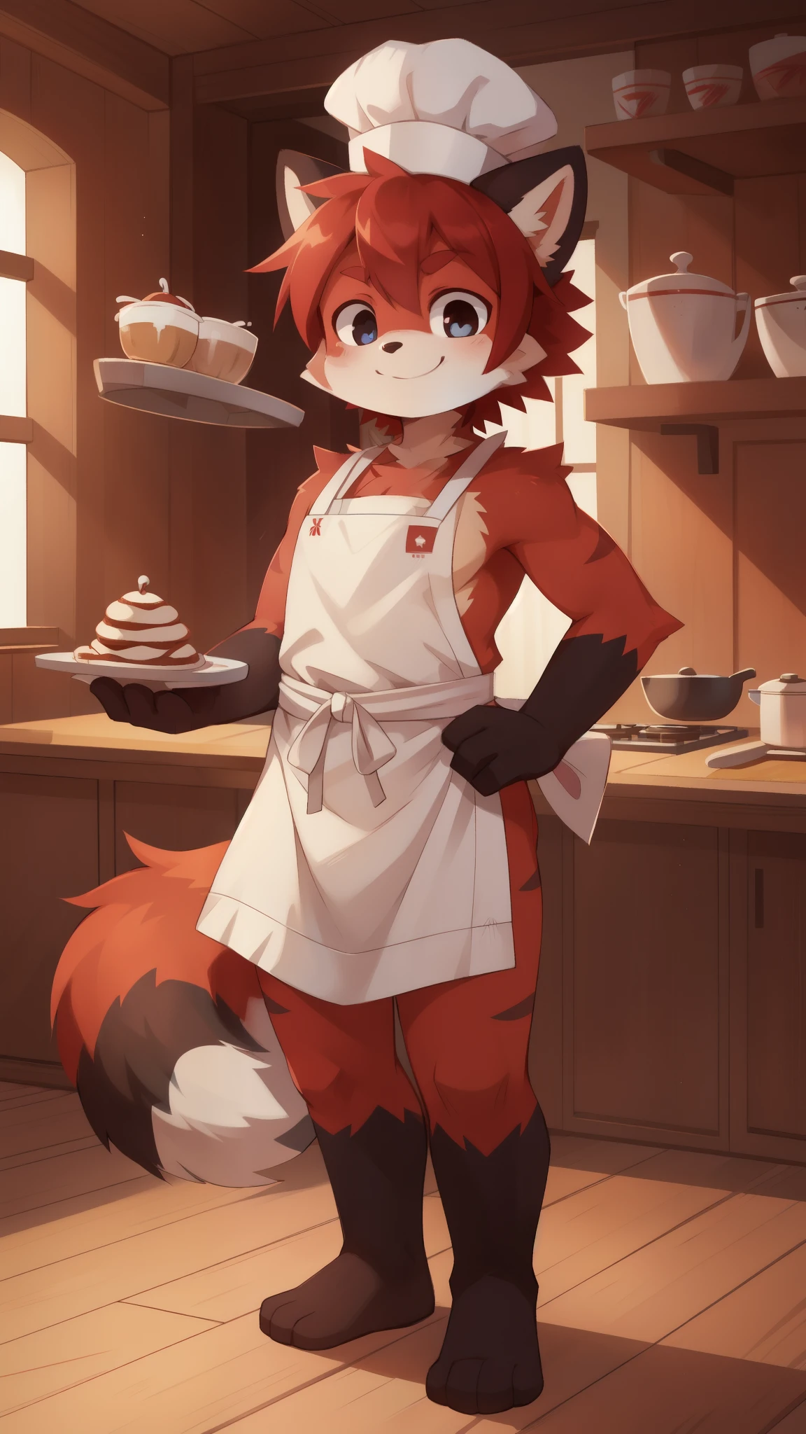 full-length_portrait, red panda, 1 boy, body fur, red hair, spiky hair, anime style, black eyes, high quality, detailed body, detailed eyes, detailed face, masterpiece, ((He wears a white kitchen apron with red stripes, and a chef's hat)) glistening body, detailed body fur, best quality, perfect lighting, perfect shadows, perfect eyes, perfect hair, perfect face, gorgeous body, smilling, standing, looking at you, full body, tavern,