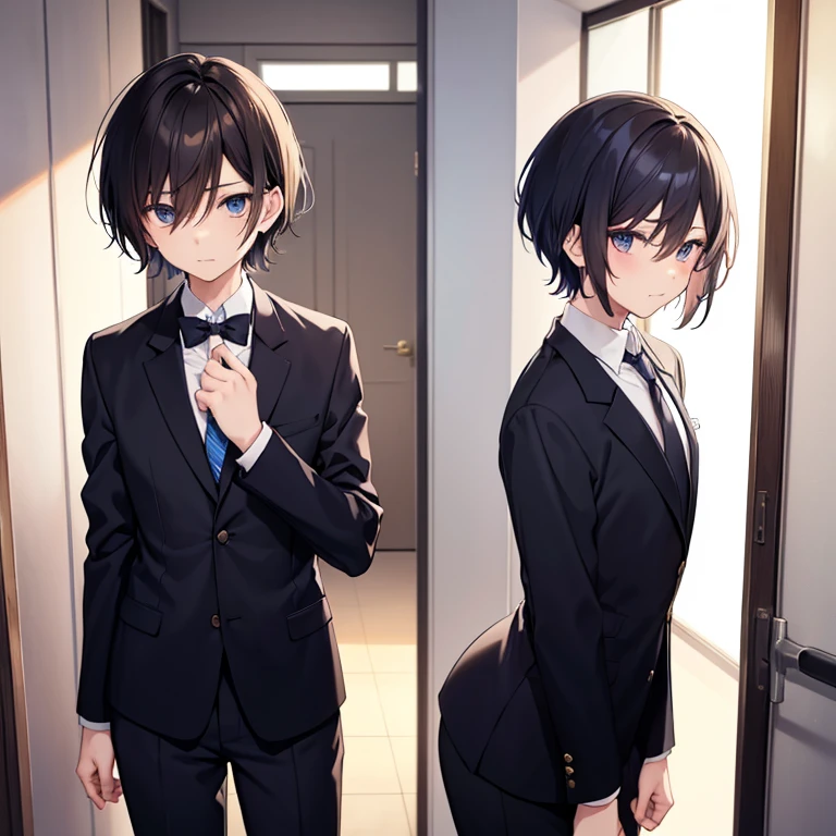 Anime girl standing in front of a door wearing a suit and tie、high quality,masterpiece。Cute androgynous short-haired man,high school student,His hair is not long,His hair is brown and very short..He stands upright with his face and body facing the viewer.,True Identity。His hands are empty,Don't move your hands。he looks like this 。His chest is flat,Good style。He is smiling with a cute face,Eye color is brown,Both are the same color。Clothes for boys' ,Men's uniform is a tie, blazer, Long trousers.。He stands,The place to stand is the classroom。