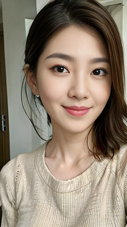 High resolution, High resolution, Attention to detail, masterpiece, Rough skin, Anatomically correct, sharp,
Home bedroom background、((Tabletop))、((Close-up of face))、((Near Movies))、
((Japanese Mature, 50 years old)), alone, ((Facial wrinkles)), Shapely large breasts, Brown random hairstyle、 Chubby body type,
Beige knitwear, A gentle smile、A captivating gaze、A gaze that seduces viewers、