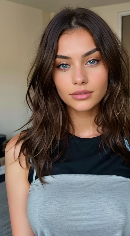 Beautiful brunette with blonde highlights wearing a Black t-shirt (in a room ), highly detailed, 22 years old, , , innocent face, natural wavy hair, blue eyes, high resolution, Masterpiece, Best quality, Intricate high detail, Highly detailed, Sharp focus, Detailed skin, realistic skin texture, texture, detailed eyes, professional, 4k, charming smile, shot on Canon, 85mm, shallow depth of field, Kodak Vision Color, Perfect Fit Body , extremely detailed, photography_\(ultra\), Photorealistic, Realistic, Post-processing, maximum details, roughness, real life, ultra realistic, Photorealism, photography, 8k UHD, photography, busty