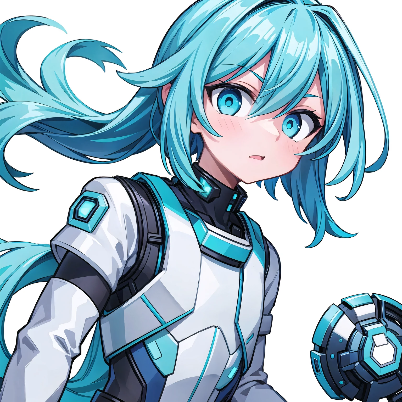 (male man:1.0), (futuristic:1.1), (cyan space suit), (white background:1.2)