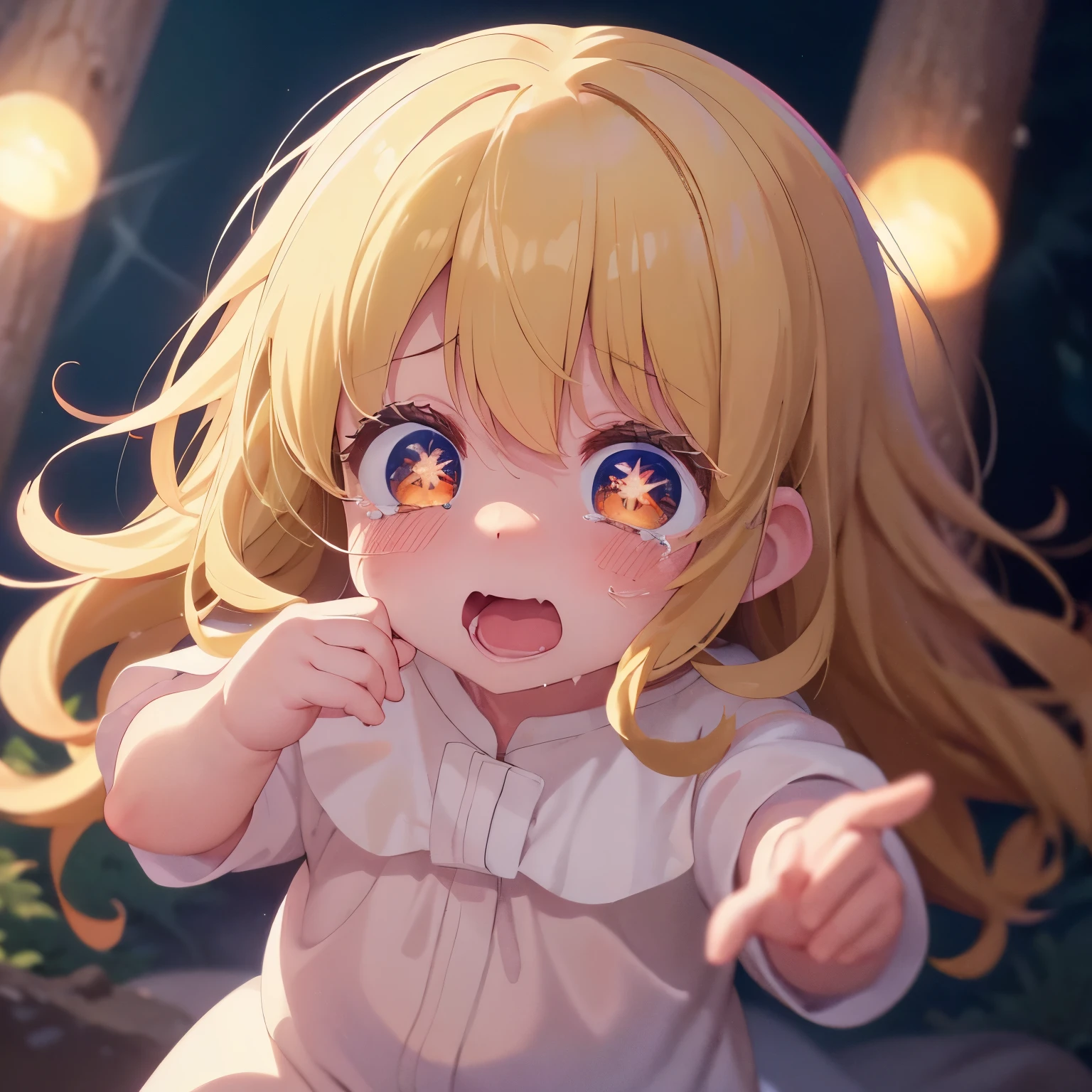 1 baby girl,Medium hair, Crying, hysterical, tears coming out, Running in a forest fire, at night,wavy hair, blonde hair, super cute, baby, 5 years old, wearing white pajamas,,ultra detail,ultra HD, masterpiece