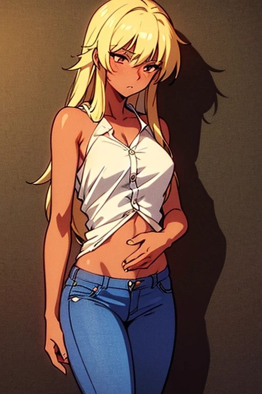 ((masterpiece)), (detailed), dark-tanned skin anime woman in a button-up shirt, (bare shoulders), (bare arms), (jeans), (long hair), starving, (resting hands on the stomach), (hands on the stomach), (slim woman), light blush