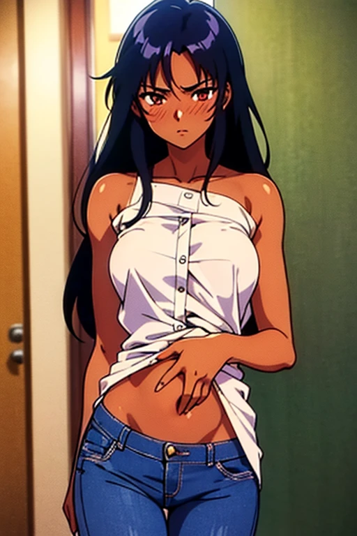 ((masterpiece)), (detailed), dark-tanned skin anime woman in a button-up shirt, (bare shoulders), (bare arms), (jeans), (long hair), starving, (resting hands on the stomach), (hands on the stomach), (slim woman), light blush