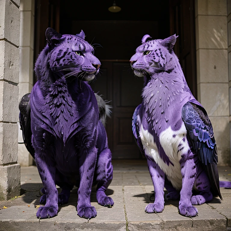 Two animals a purple panther and a blue eagle together 