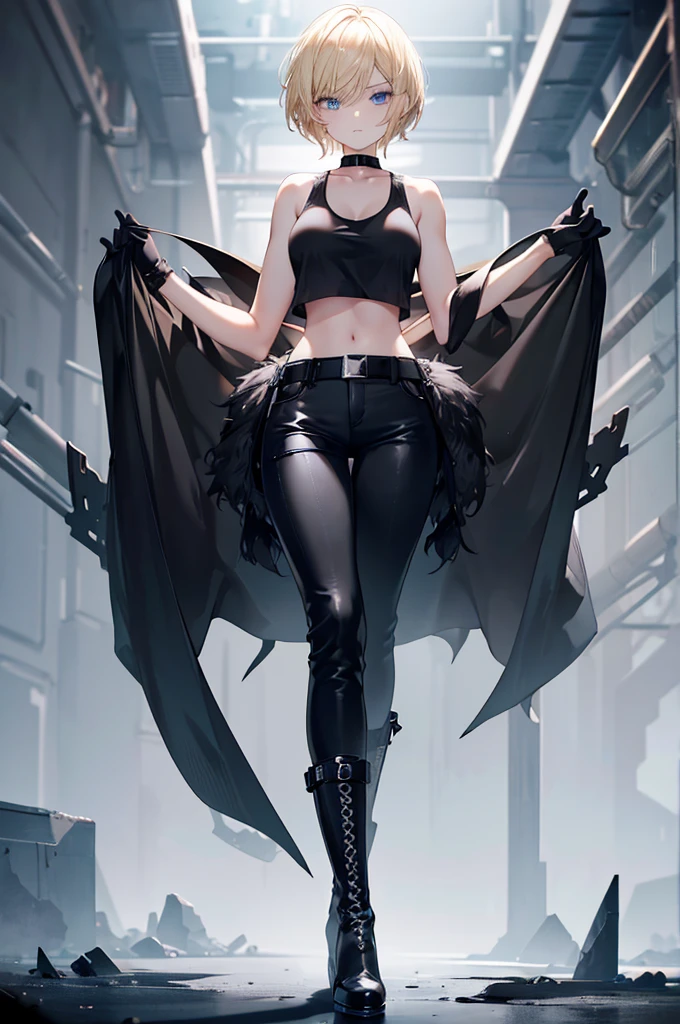 1women, masterpiece, blond hair, blue eyes, eyelashes, short hair, fringe, (black gloves + black tank top), black pants, black high boots, serious expression, detail hands looking at viewer, full body shot, high quality, detailed eyes
