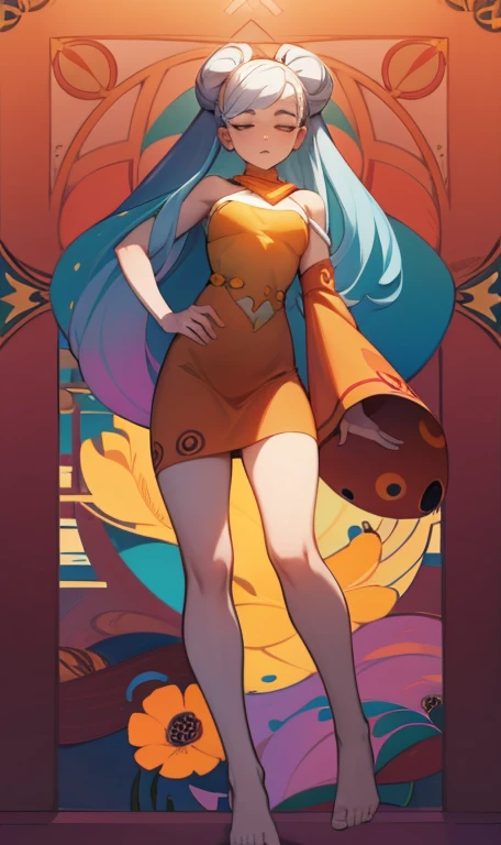 woman floating in the air, (multi-color hair), limp body, asleep, vibrant opalescent lighting, flecks in the air, dynamic lighting, warm color pallet, knit, brocade, gold carp, poppies, swirling air movement, wide angle, full body view, loose fabric, geometric shapes, small breasts, sherbet, persimmon, up-do hair, Bauhaus, geometric shapes, white snake mermaid