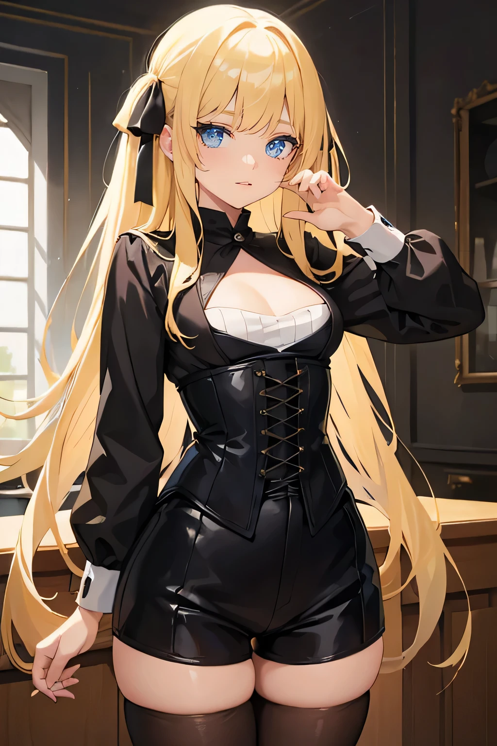 masterpiece,best quality, solo, 1 girl, female figure, yellow hair, hime cut, blunt bangs, extra long hair, crystal blue eyes, sharp detailed eyes, white pantyhose, long sleeves, boy shorts, indoors, golden blonde hair, shy smile, black ouji clothes, cowboy shot, voluminous hair, wavy hair, cute girl, (medium small breasts), (young female body: 1.4), ouji fashion, long boy shorts, black ouji style clothes, black corset, black shorts, hair ribbon