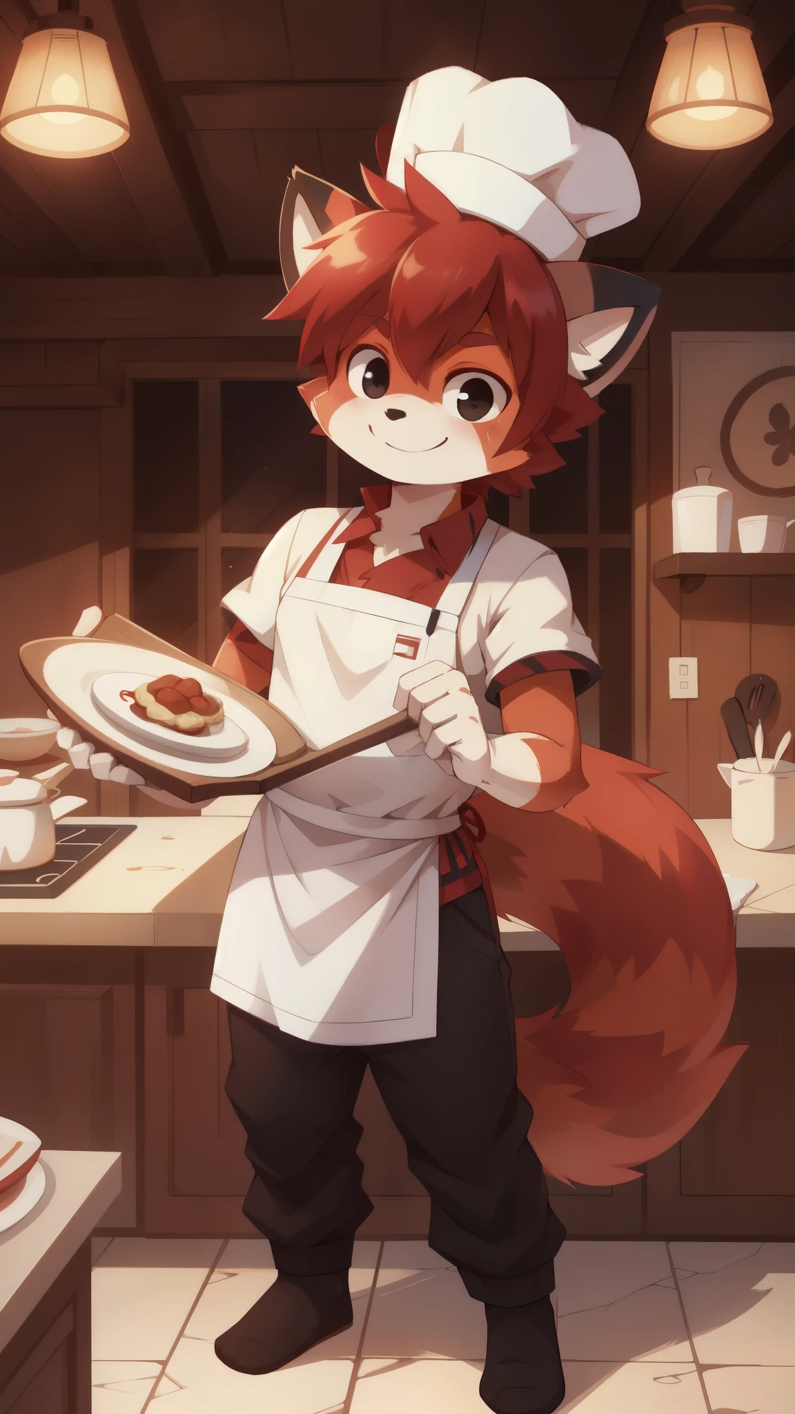 full-length_portrait, red panda, 1 boy, body fur, red hair, spiky hair, anime style, black eyes, high quality, detailed body, detailed eyes, detailed face, masterpiece, ((He wears a white kitchen apron with red stripes, and a chef's hat, white chef shirt over apron, black pants)), glistening body, detailed body fur, best quality, perfect lighting, perfect shadows, perfect eyes, perfect hair, perfect face, gorgeous body, smilling, standing, looking at you, full body, tavern,