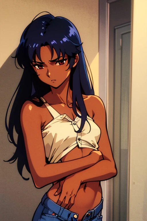 ((masterpiece)), (detailed), dark-tanned skin anime woman in a on-up shirt, (bare shoulders), (bare arms), (jeans), (long hair), starving, (resting hands on the stomach), (hands on the stomach), (slim body)
