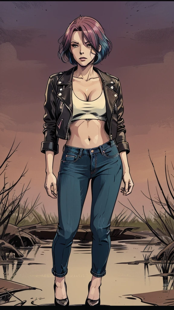 vector image, 2d cartoon,masterpiece, An anime woman,colored hair, blush, bold makeup, , gloomy orgasm, simulates intercouse:1.6,tight jeans, heels,worn-out leather biker jacket, horny pose,near swamp,heels, evening,crop-top,  full body