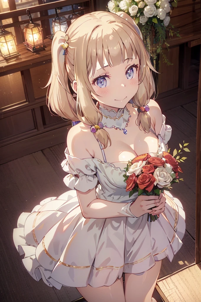 (from above:1.2),(from side:0.9), ((Face)), (Close-Up:1.0), ((looking at viewer, holding a bouquet to his mouth)), highest quality、(real、photorealistic:1.4)、(RAW photo:1.2)、very detailed CG unity 8k wallpaper, delicate and beautiful, wonderful, Fine detail, official art, huge file size, Ultra-detailed, very detailed girl, very detailed eyes and face, Bright on the face、(20 age girl:1.0)、small smile, smiling, (twintail hair:1.25), hair between eyes, hair twintails, (long hair:1.25), tiara,ruany,off-shoulder dress,pearl ,(gemstone),tiara,veil,wedding dress, wedding necklace, wedding long gloves, (luxurious bouquet), chapel, Stained glass,(best quality, highres, masterpiece:1.2), ultra-detailed, (realistic:1.37) illustration, erotic style, soft lighting, sweat glistening on her body, gentle warmth, mysterious, small breast,narrow waist,(with sparkling eyes and a contagious smile),her thin pubic hair, looking at viewer,