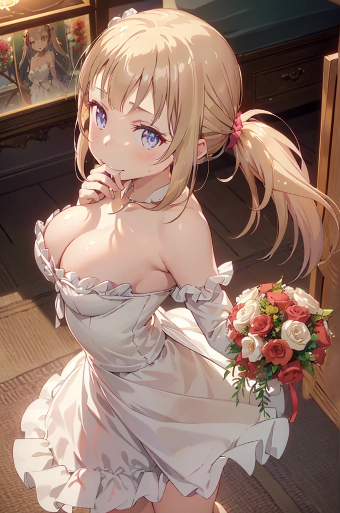 (from above:1.2),(from side:0.9), ((Face)), (Close-Up:1.0), ((looking at viewer, holding a bouquet to his mouth)), highest quality、(real、photorealistic:1.4)、(RAW photo:1.2)、very detailed CG unity 8k wallpaper, delicate and beautiful, wonderful, Fine detail, official art, huge file size, Ultra-detailed, very detailed girl, very detailed eyes and face, Bright on the face、(20 age girl:1.0)、small smile, smiling, (twintail hair:1.25), hair between eyes, hair twintails, (long hair:1.25), tiara,ruany,off-shoulder dress,pearl ,(gemstone),tiara,veil,wedding dress, wedding necklace, wedding long gloves, (luxurious bouquet), chapel, Stained glass,(best quality, highres, masterpiece:1.2), ultra-detailed, (realistic:1.37) illustration, erotic style, soft lighting, sweat glistening on her body, gentle warmth, mysterious, small breast,narrow waist,(with sparkling eyes and a contagious smile),her thin pubic hair, looking at viewer,