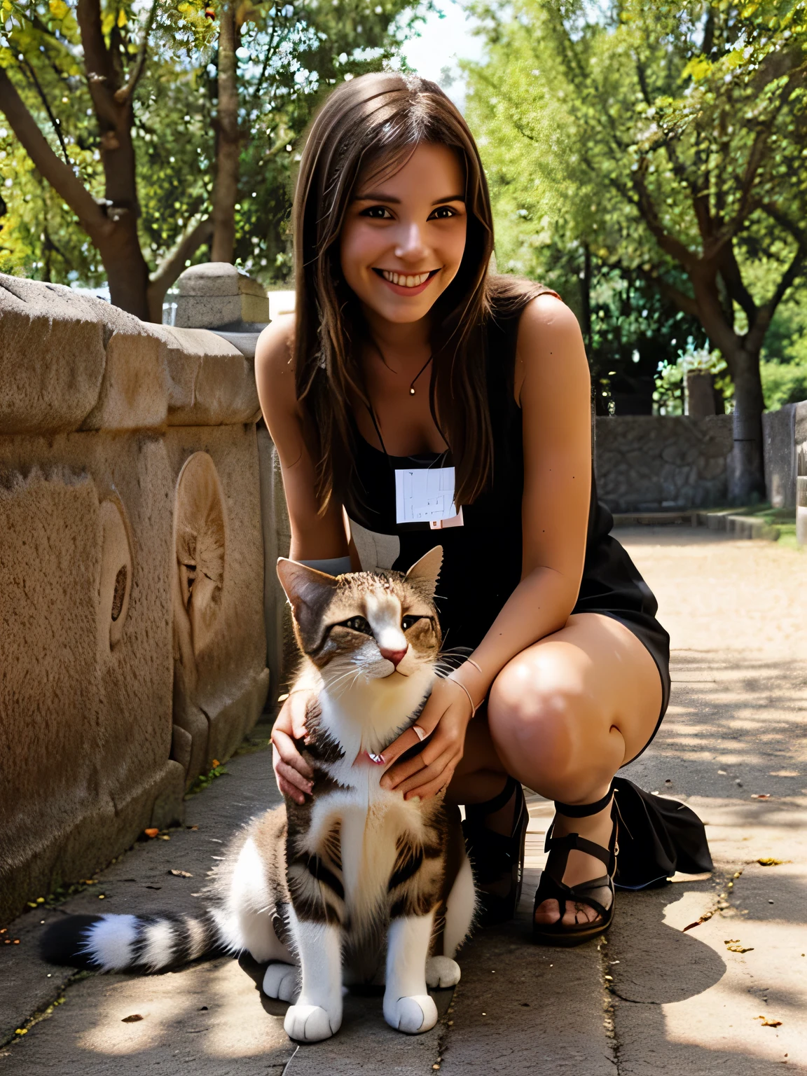 brunet girl,petting a cat, smiling in the camera, fotographie,sunshine, zoo, full body
