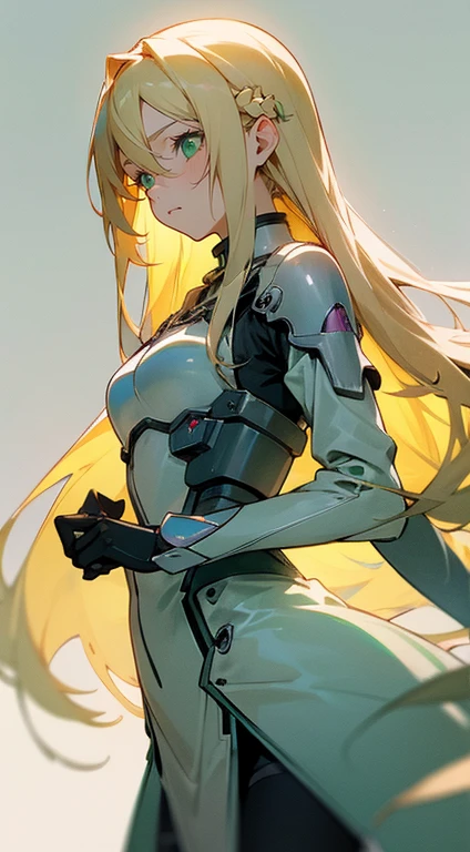 Beautiful woman , extremely long hair , blonde hair , green eyes , 32,

(masterpiece, best quality )detailed, 1Character ,  pastel washed out colors , cell shade , soft, muted shades ,gentle colors , 

Wearing a mix of sword art online and futuristic style clothes ,