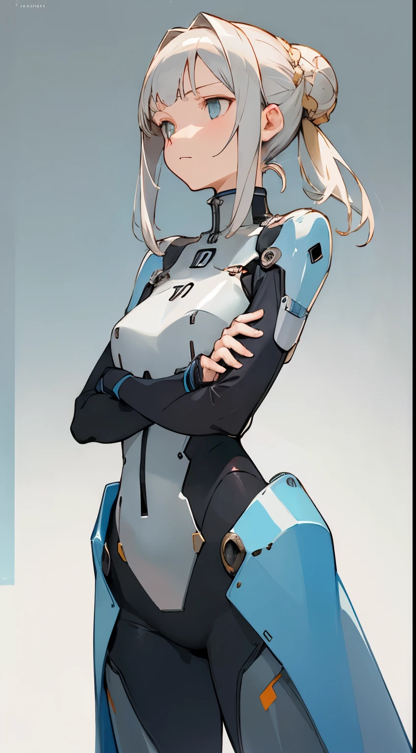 (masterpiece, best quality) detailed, 1Character , blue archive art style , pastel washed out colors , cell shade , soft, muted shades ,gentle colors ,
Wearing a mix of futuristic body suit and sword art online outfit.
Beautiful woman , hair in a bun ,pale skin , gold eyes , blunt bangs , slender build , silver hair , slender eyes ,older woman, mature woman , age 60, standing confidence, arms crossed, determined expression