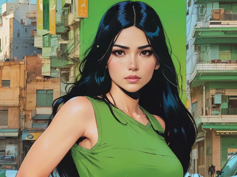 un primer plano de una mujer con una camisa verde y cabello negro, Phil Noto, retrato de darna moderna, Phil Noto comic art, Glen Orbik, inspirado en Asaf Hanuka, Phil Noto comicbook cover art, Phil Noto and rebecca guay, in a mixed æon flux style, Acantilado Chiang, inspirado en Tomer Hanuka