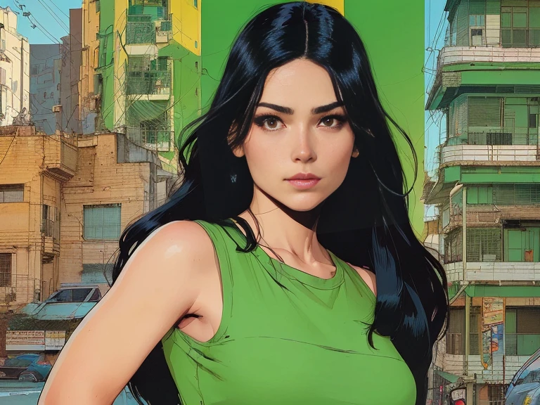 un primer plano de una mujer con una camisa verde y cabello negro, Phil Noto, retrato de darna moderna, Phil Noto comic art, Glen Orbik, inspirado en Asaf Hanuka, Phil Noto comicbook cover art, Phil Noto and rebecca guay, in a mixed æon flux style, Acantilado Chiang, inspirado en Tomer Hanuka