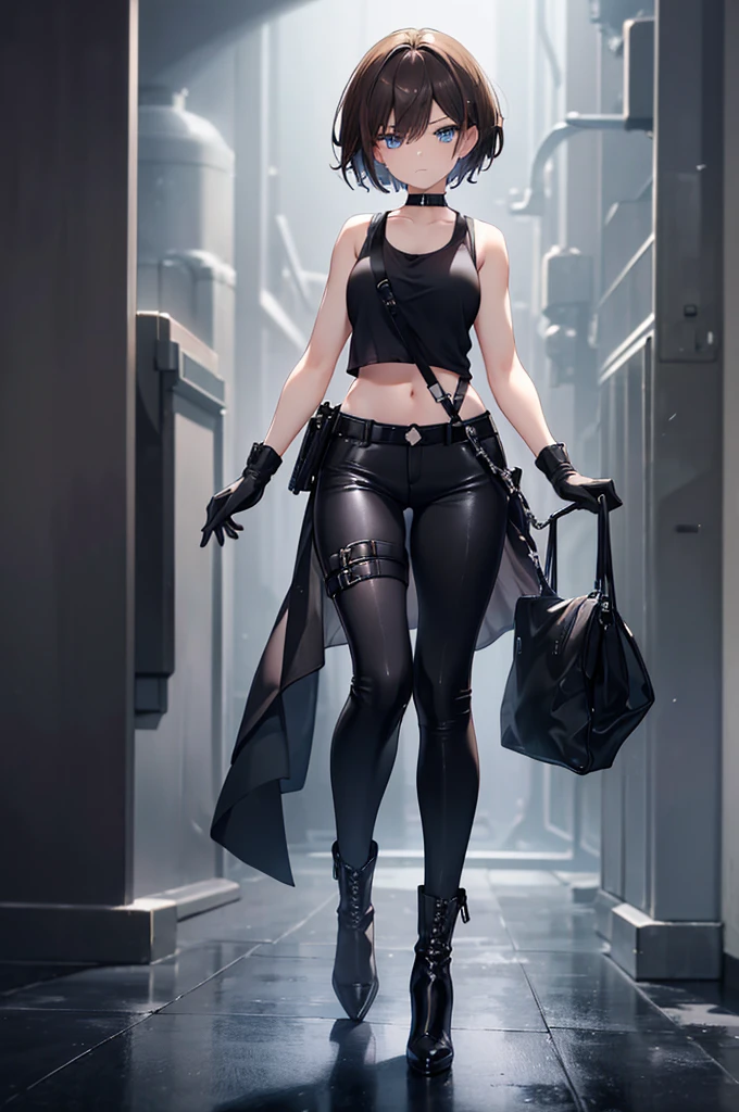 1girl, masterpiece, brown hair, blue eyes, eyelashes, short hair, fringe, (black gloves + black tank top), black pants, black high heel boots, serious expression, detail hands looking at viewer, full body shot, high quality, detailed eyes
