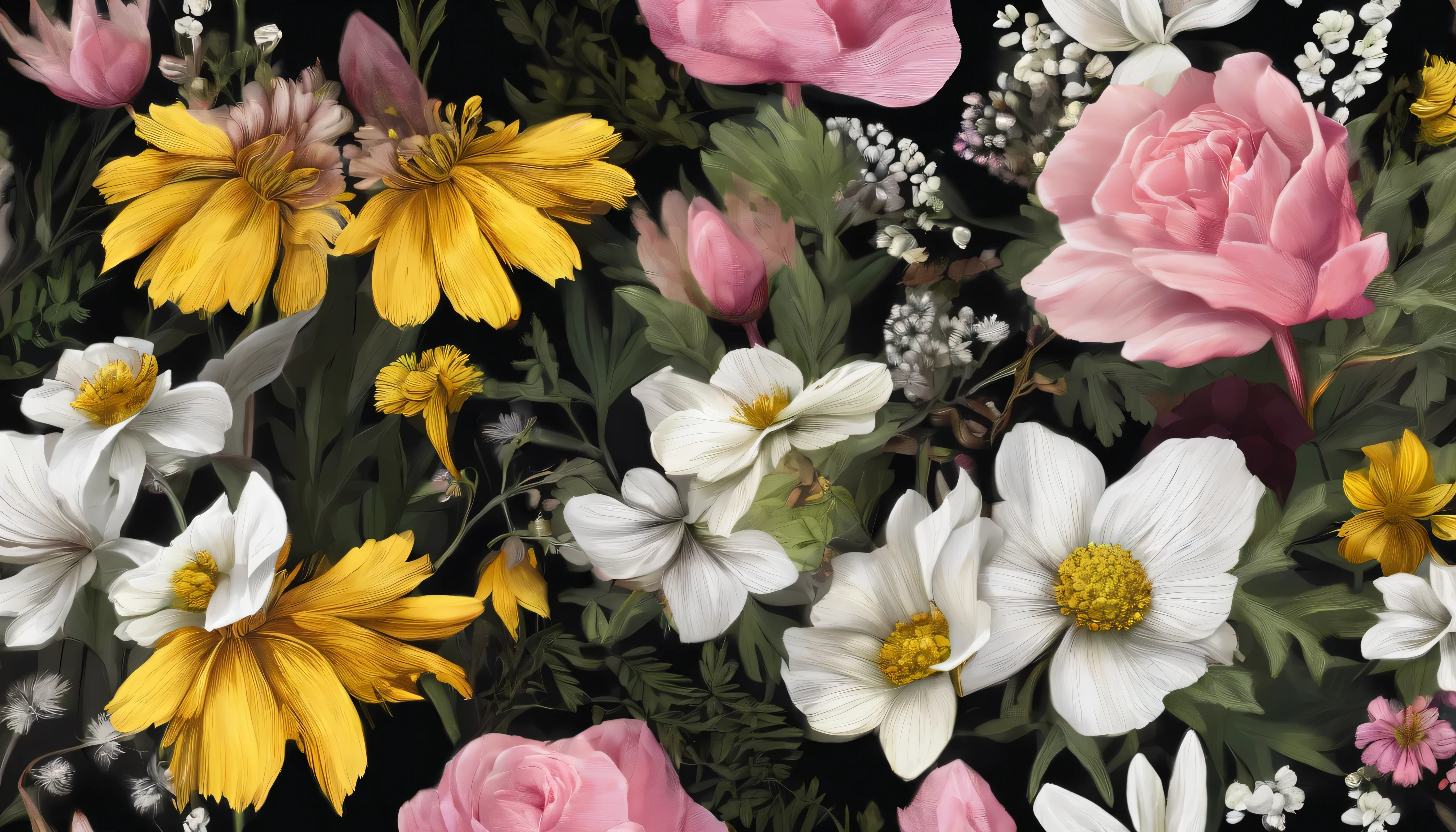 botanical wildflowers, black background, small yellow, pink and white flowers, mixed with green leafs, deep colors, 