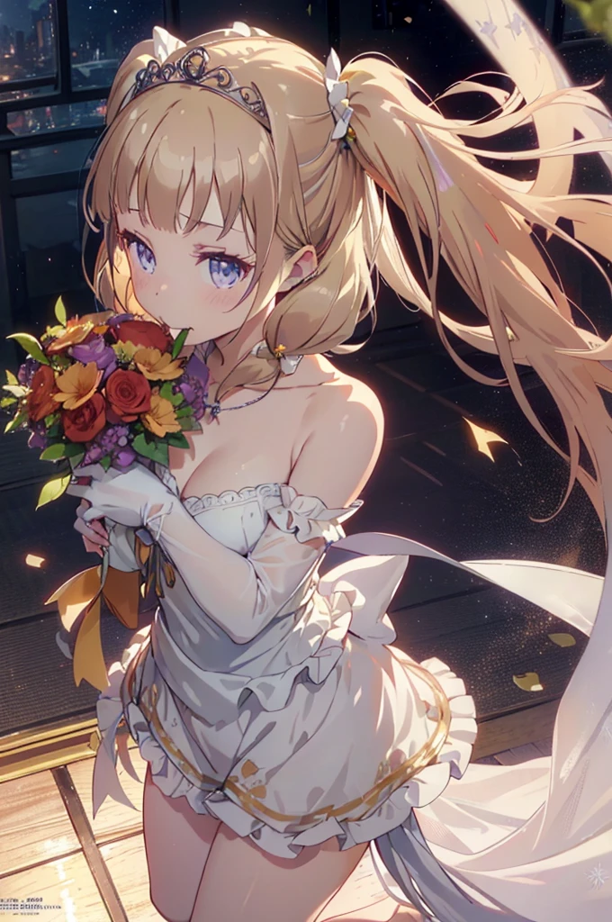 (from above:1.2),(from side:0.9), ((Face)), (Close-Up:1.0), ((looking at viewer, holding a bouquet to his mouth)), highest quality、(real、photorealistic:1.4)、(RAW photo:1.2)、very detailed CG unity 8k wallpaper, delicate and beautiful, wonderful, Fine detail, official art, huge file size, Ultra-detailed, very detailed girl, very detailed eyes and face, Bright on the face、(20 age girl:1.0)、small smile, smiling, (twintail hair:1.25), hair between eyes, hair twintails, (long hair:1.25), tiara,ruany,off-shoulder dress,pearl ,(gemstone),tiara,veil,wedding dress, wedding necklace, wedding long gloves, (luxurious bouquet), chapel, Stained glass,(best quality, highres, masterpiece:1.2), ultra-detailed, (realistic:1.37) illustration, erotic style, soft lighting, sweat glistening on her body, gentle warmth, mysterious, small breast,narrow waist,(with sparkling eyes and a contagious smile),her thin pubic hair, looking at viewer,