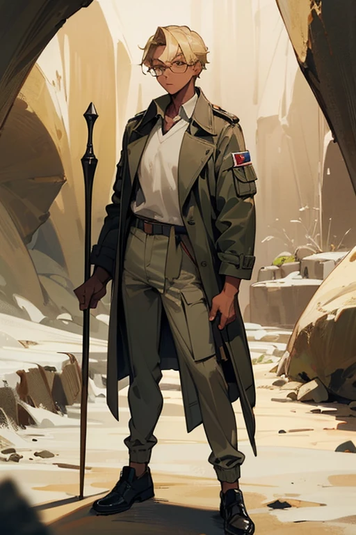 ((highest quality)), ((masterpiece)), (Familiar), One man,Dark Skin,Blonde,Khaki trousers,cargo pants,Glasses,Long coat,Staff,lanthanum,cave,,,