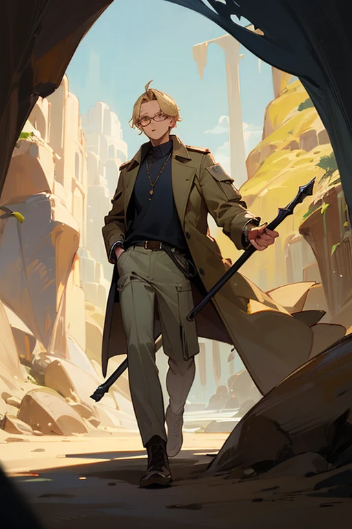 ((highest quality)), ((masterpiece)), (Familiar), One man,Dark Skin,Blonde,Khaki trousers,cargo pants,Glasses,Long coat,Staff,lanthanum,cave,Fantasy,Wizard,