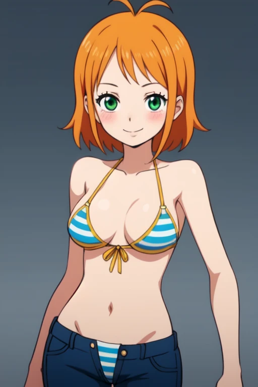 1girl, solo, swimsuit, green_eyes, bikini, pants, smile, blonde_hair, antenna_hair, looking_at_viewer, blue_pants, jeans, transparent_background, blush, striped, navel, striped_bikini, green_bikini, cowboy_shot, denim, orange_hair, medium_hair, pants_pull, short_hair, breasts, simple_background, NAMI ONE PIECE FUSION SAKURA KINOMOTO,