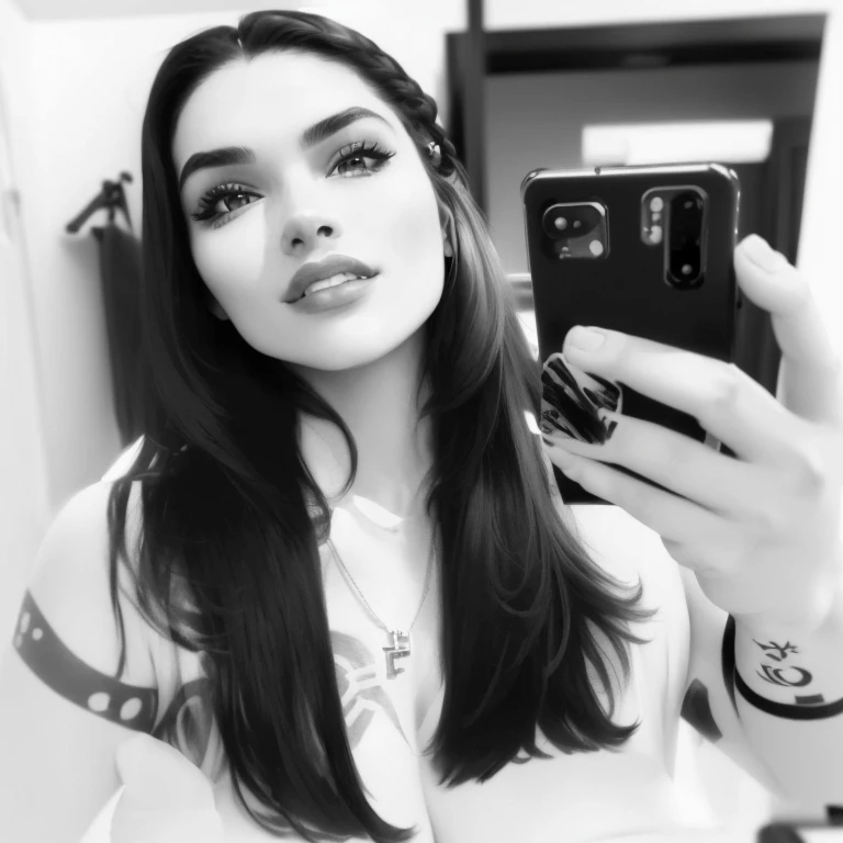 mulher arafa tirando uma selfie no espelho com um celular, by Amélia Peláez, imagem em preto e branco, powder Nándor Katona, com tatuagens, selfie de uma jovem, carregado, usando tatuagens de shipibo, por Rosa Henriques, 🤬 🤮 💕 🎀, tatuagem preto e branco, por Ramon Silva