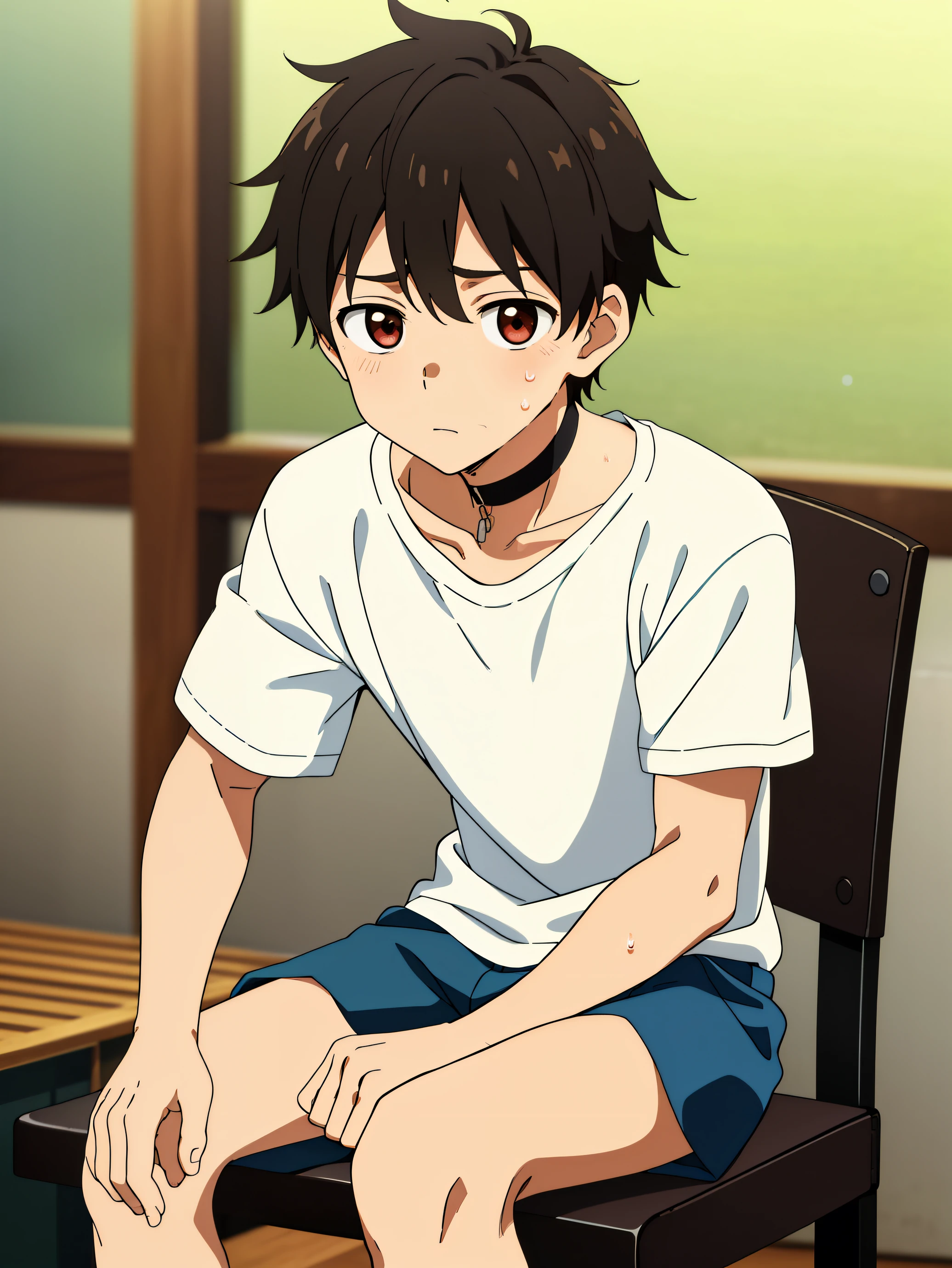 Highres, Masterpiece, Best quality at best,Best Quality,hight quality, hight detailed, 1boy, Boy,Fluffy hair, Side bangs, Shota, Sweat, Shirtless, Choker, Collarbone, Depth of field, Anime screencap style, thin line, Sitting on the chair, Seen from the front, Little sweat, Kpop, Cute boy, (very small and short stature), (very young boy), 12-year-old boys, Blurry and simple beckground, bokeh, Uhd