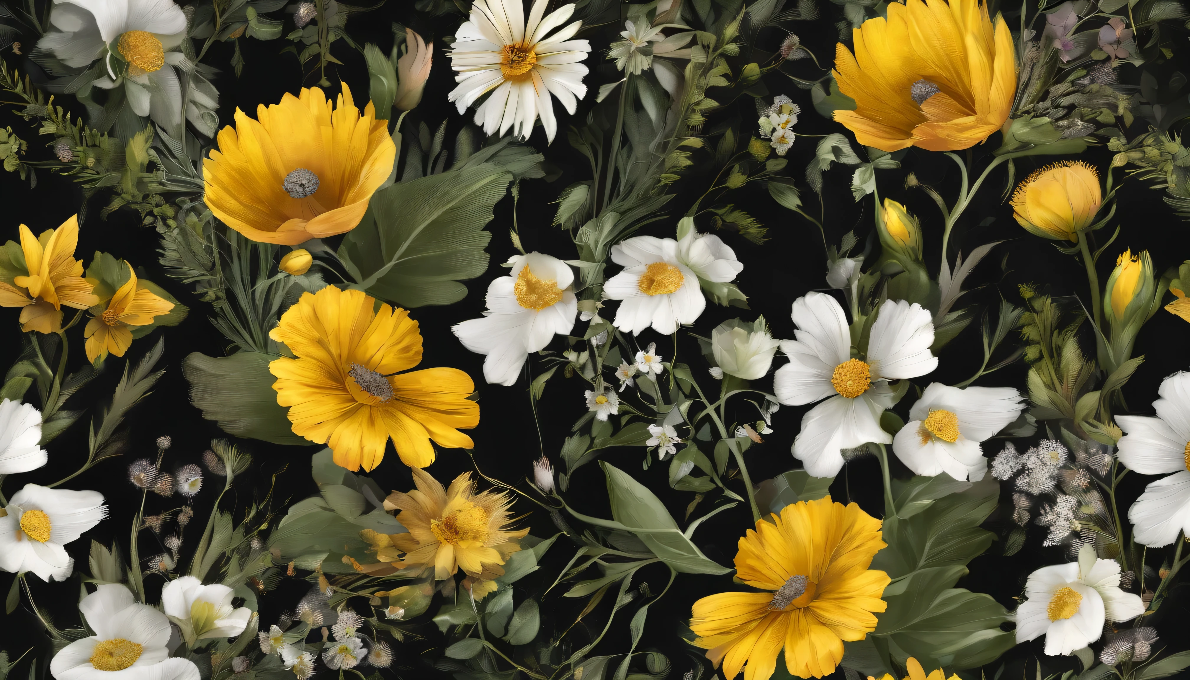 botanical wildflowers, black background, small yellow and white flowers, mixed with green leafs, deep colors