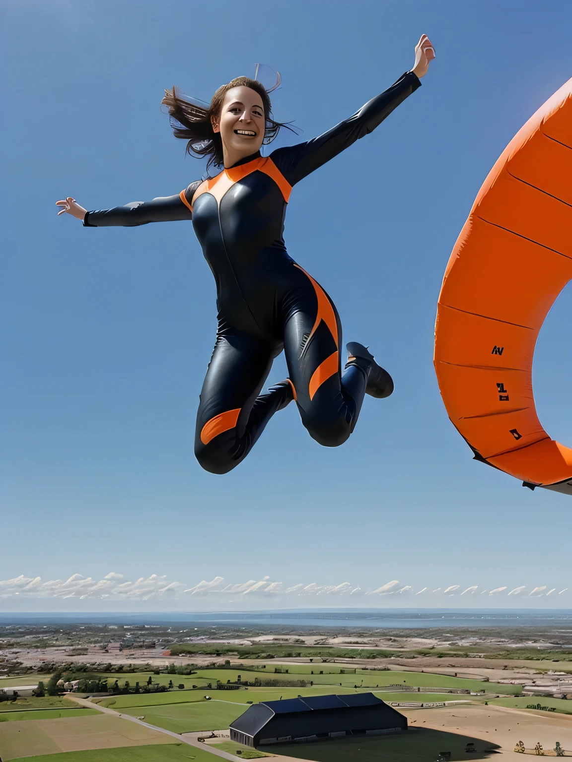 brunete girl,jumping out of a plane,fotographie, crazy,smiling,parajumping, black/orange fullbody suit, in the background just blue sky,(((realistic))), perfekt face
