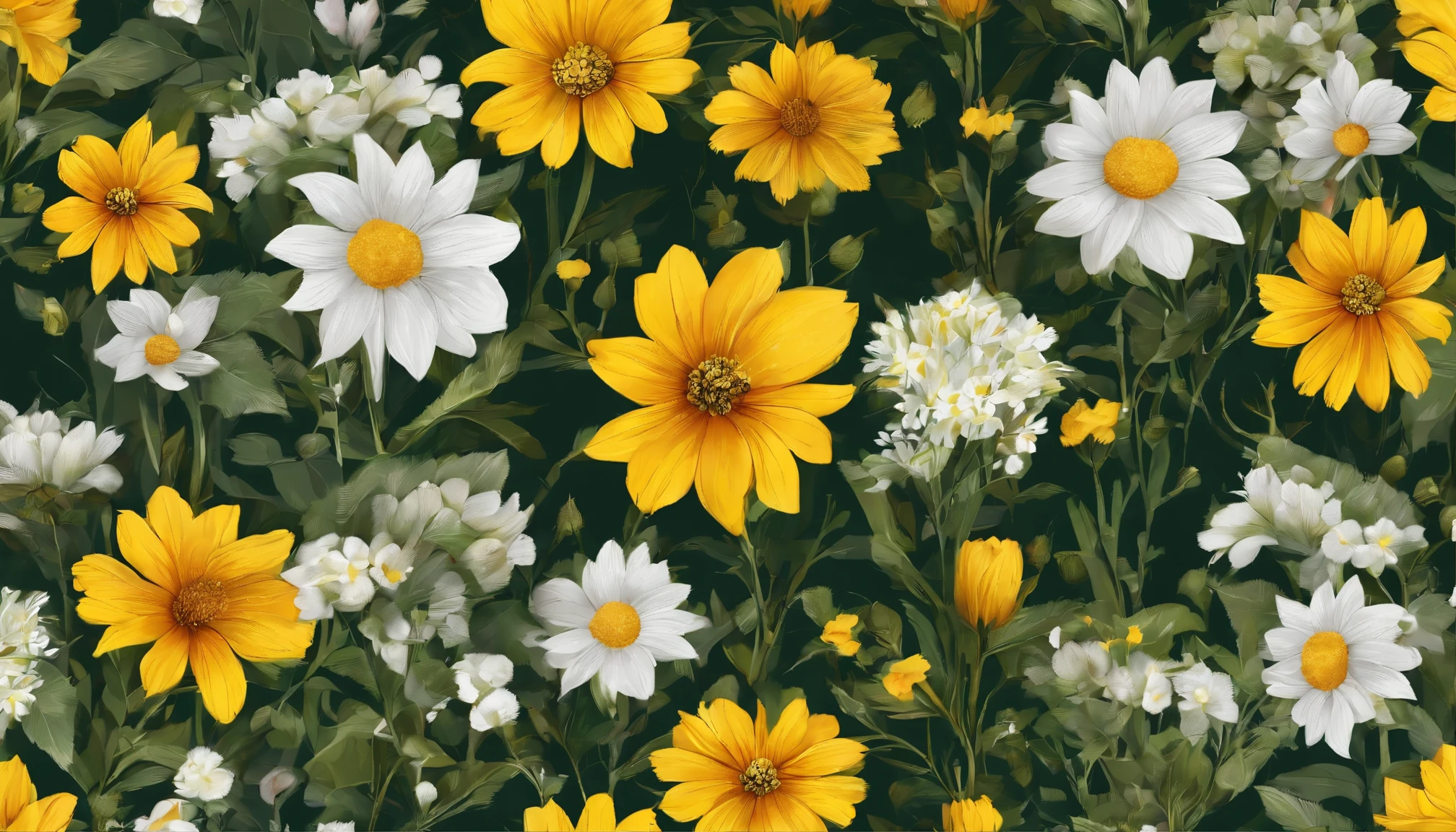 botanical wildflowers, lot of small yellow and white flowers, mixed with green leafs, deep colors