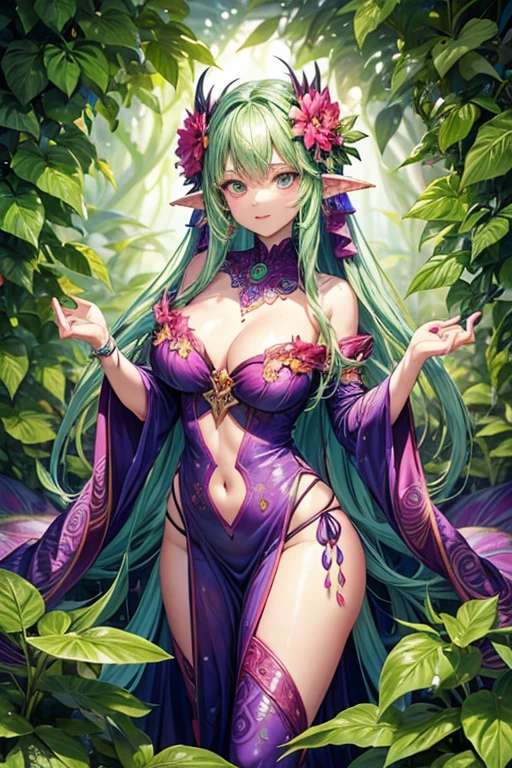  1girl, alraune \(monster girl encyclopedia\), wet, nectar, vines, plant, hands, slimy leaves, flower, Vivid colors,glowing petals,mandala:, pattern, design, spiral, Colorful floral pattern,