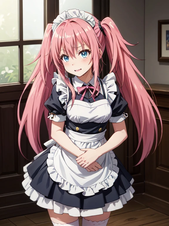 1 female、tensei shitara slime datta ken（((Milim Nava))), Demon King、Milim Navaの傑作、high quality、maid Cafe、Moe、Moe、Accurate Mirim Surface Area、blue eyes、Behold the Evil、Pink Hairの、Pink Hair, Long Hair, Twin tails,8K images、Cute maid outfit、Dress nicely、Best Photos、Cowboy Shot、[3D Images:1.25],[[Attractive eyes,Detailed eyes、Shining Eyes, Colorful eyes:1.25]]、、whole、Front view、alone、Best Photos, Soft Light, Attractive eyes that make you feel sucked in