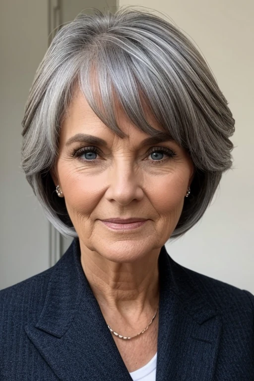 portrait femme 60 ans, yeux bleus, cheveux gris et courts, portant un chemisier blanc, regardant le spectateur