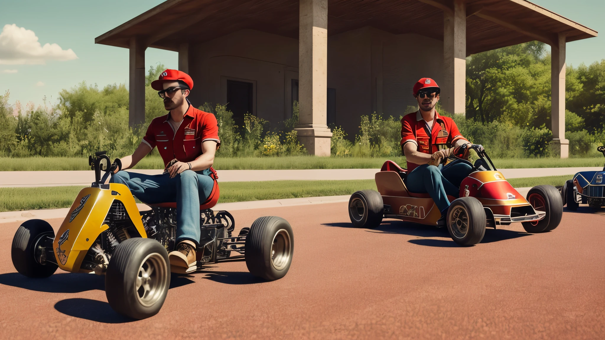 (high quality,photorealistic,hyper realistic:1.2), Humanlik and realistic, (Realistic man with moustache and brun hair), (Dressed in a red shirt with blue overalls, (a red hat with the letter M on it), sitting in a go-kart from the 1950s, live action movie with actor, (1950s fashion,retro fashion), (art deco aesthetic), (cinematographic,film grain:1.1),(Super Panavision 70),16:9 resolution,detailed kart,beautifully designed kart with vibrant colors,realistic rendering with intricate facial features and expressions,captivating background with scenic landscapes,authentic 1950s scenery and buildings,classic cars passing by in the background,rich and warm color tones with a vintage feel,soft and diffuse lighting with subtle shadows,meticulously painted surroundings with fine textures and intricate details,accurately replicated go-kart with accurate proportions and materials,convincing motion blur for a sense of speed and dynamics,clear focus on the man and his go-kart with a shallow depth of field,high-resolution final image with crisp details and sharp edges.