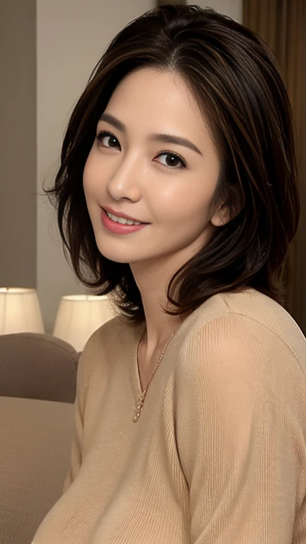 High resolution, High resolution, Attention to detail, masterpiece, Rough skin, Anatomically correct, sharp,
Home bedroom background、((Tabletop))、((Close-up of face))、((Near Movies))、
((Japanese Mature, 50 years old)), alone, ((Facial wrinkles)), Shapely large breasts, (((Brown short bob)))、 Chubby body type,
Beige knitwear, A gentle smile、A captivating gaze、A gaze that seduces viewers、