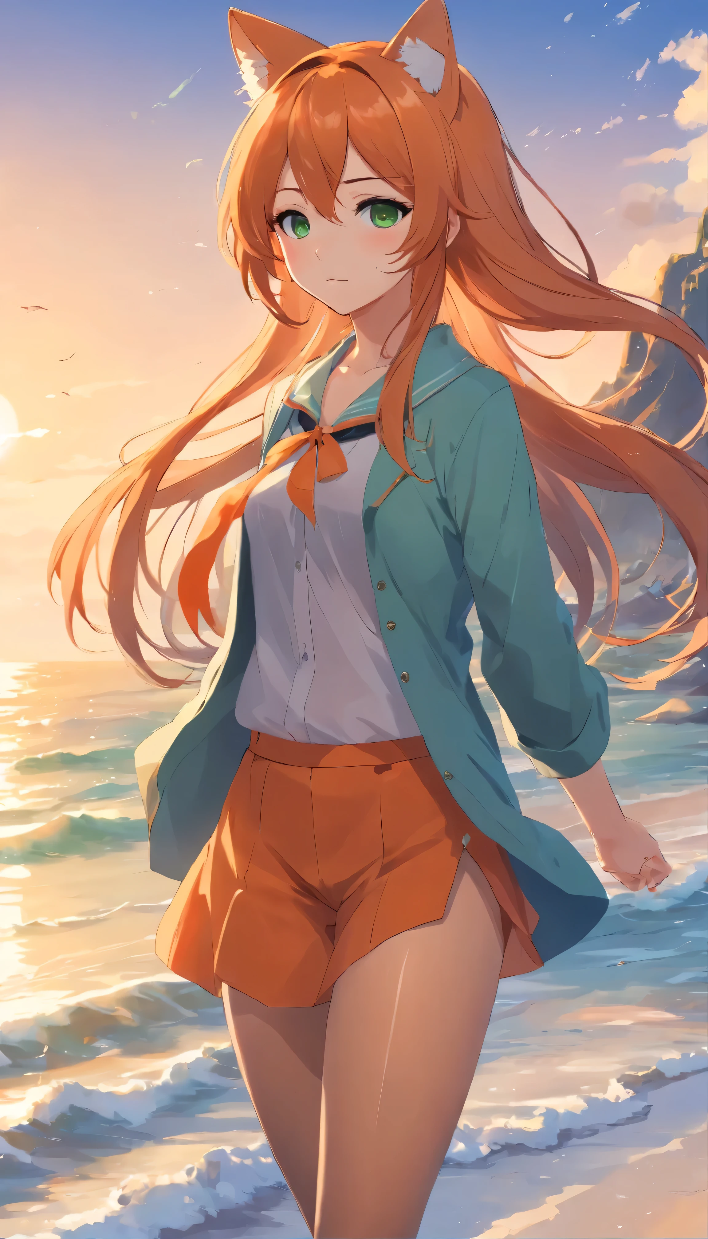 anime girl with long orange hair standing on beach near ocean, green eyes detailed digital anime art, cat ears, , anime girl with long hair, smooth anime cg art, anime girl with long hair, digital anime art, artwork in the style of guweiz, beautiful anime portrait, photorealistic anime girl render, beautiful anime girl, advanced digital anime art, pantyhose, guweiz on artstation pixiv upscale HD UHD HQ