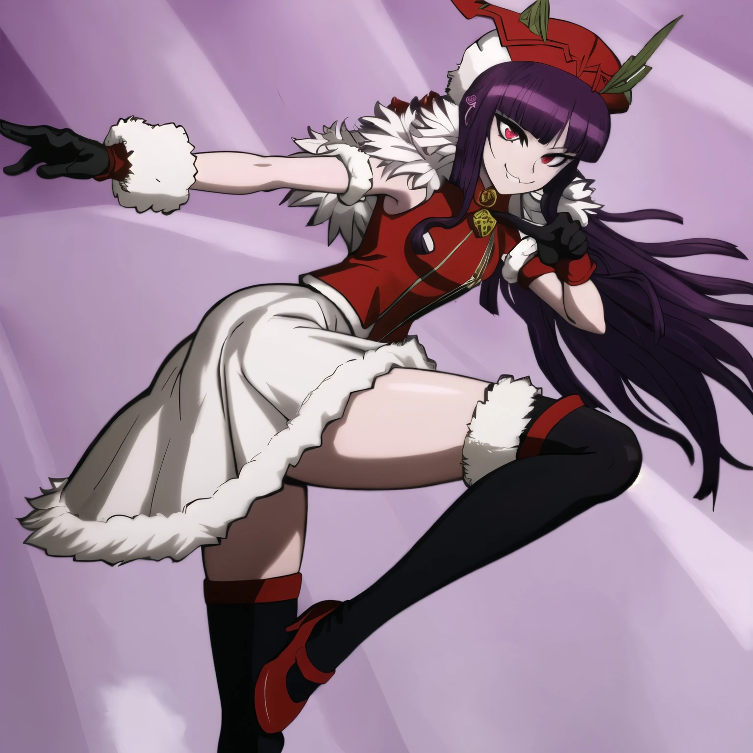 expressive eyes, perfect face, masterpiece, best quality, ((1girl)), ((one girl)), ((school uniform:0.8)), white blouse, skirt, , ((smug expression)), ((Elbow length black gloves)), ((fur gloves)), ((creative background)), ((dynamic pose)), long hair, straight hair, bangs, (dark purple hair), crimson red eyes, ((sweet tooth)), hime-style, (hime haircut), ((fur hat)), ((fur)), ((Mary Jane shoes)), thigh high socks, jewelry, (Russian), popokaxl