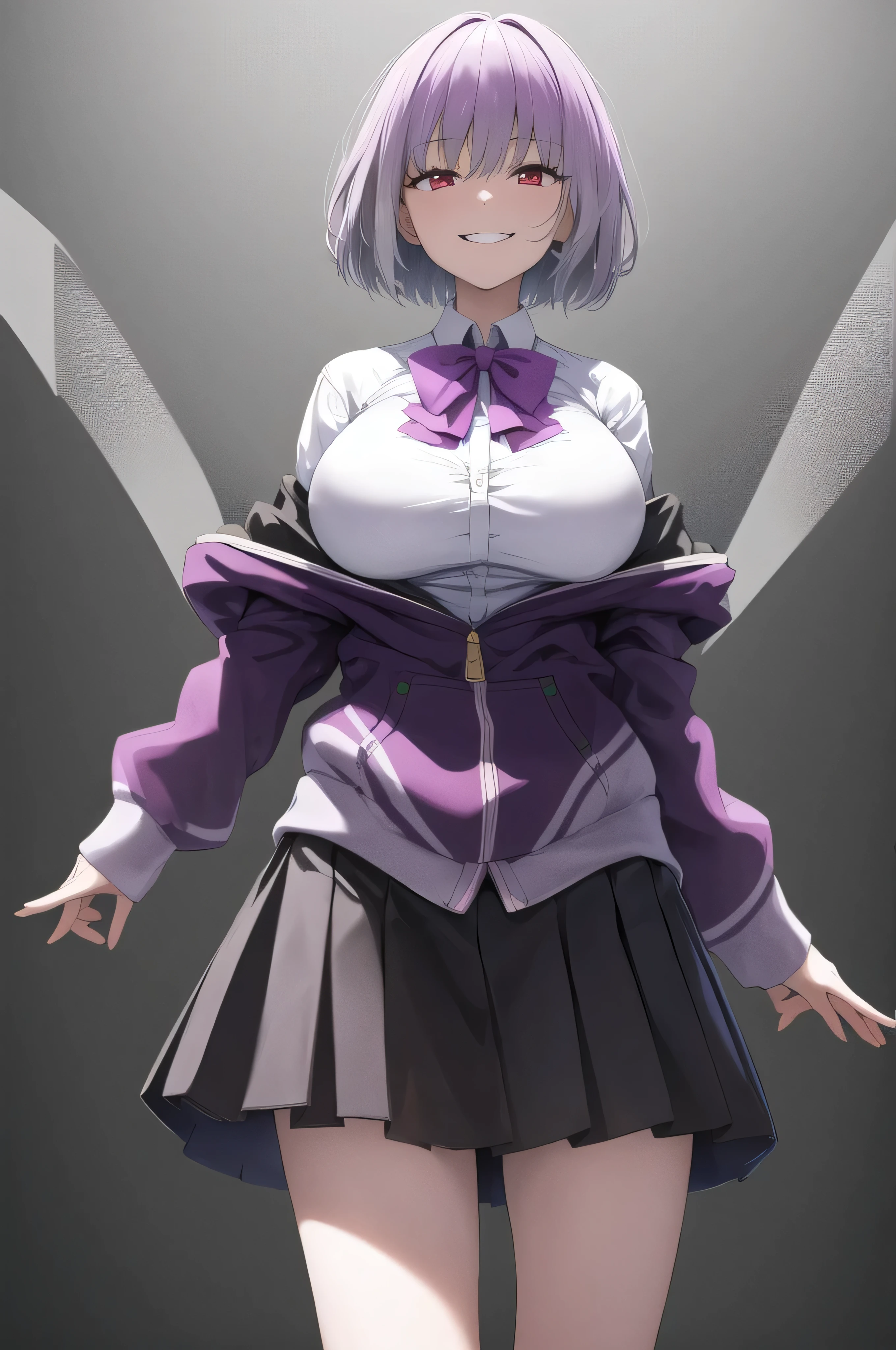 masterpiece, highest quality,best quakity, High resolution, Ah Akane, short hair, Red eyes, Large Breasts, Purple bow tie, Collared shirt, White shirt, Off the shoulder, Purple Jacket, Partially defrosted, Long sleeve, Sleeves are longer than the wrist, Pleated skirt, Black Skirt, pantyhose, Cowboy Shot, Are standing, evil smile,evil huge laugh,laugh at,(Best picture quality, 4K, 8K, High resolution, Masterpiece: 1.2), ultra detailed, Sinister Veil of Shadows,black and dark aura background,black light,