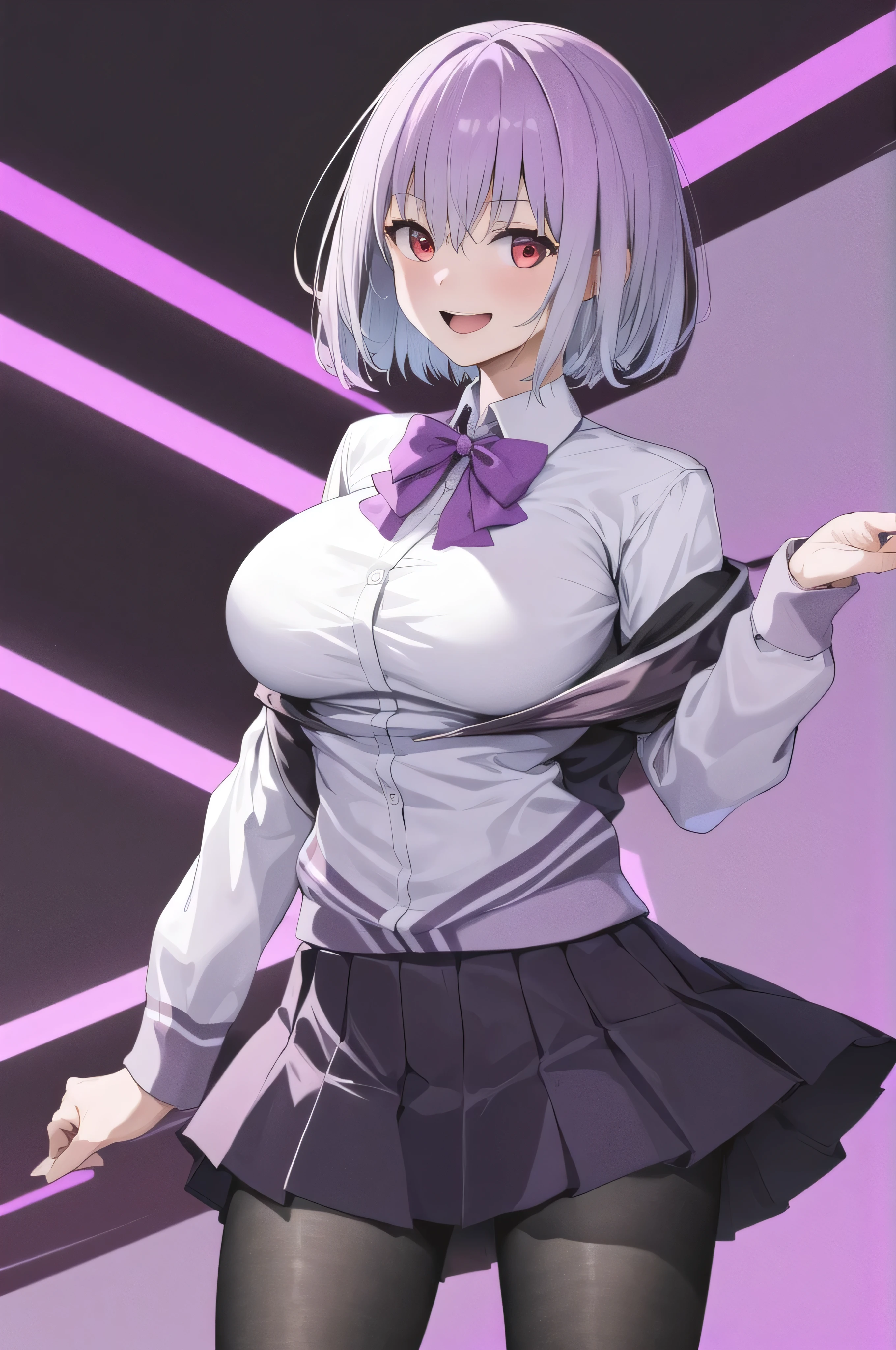 masterpiece, highest quality,best quakity, High resolution, Ah Akane, short hair, Red eyes, Large Breasts, Purple bow tie, Collared shirt, White shirt, Off the shoulder, Purple Jacket, Partially defrosted, Long sleeve, Sleeves are longer than the wrist, Pleated skirt, Black Skirt, pantyhose, Cowboy Shot, Are standing, evil smile,evil huge laugh,open mouth,(Best picture quality, 4K, 8K, High resolution, Masterpiece: 1.2), ultra detailed,  Sinister Veil of Shadows,black and dark aura background,black light,