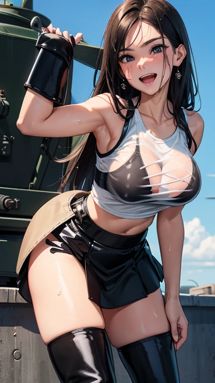 masterpiece, high quality, perfect face, perfect fingers, perfect anatomy, perfect arms, perfect legs, 1 female,black hair,25 years old,(((blue shiny micro tight skirt)))((white tank top))(((blush、open mouth smile)),(((straight hair))),(((portrait))),crowd,,(wet with sweat)((y black bra and see-through tank top))(leather thigh high boots)(((big, hot, seductive, spicy